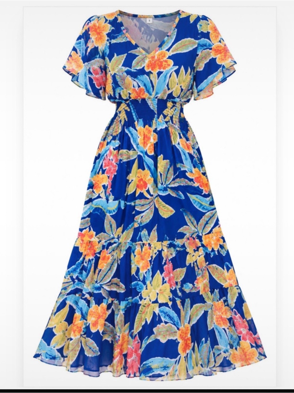 Women’s Blue Floral Maxi Dress with Flutter Sleeves